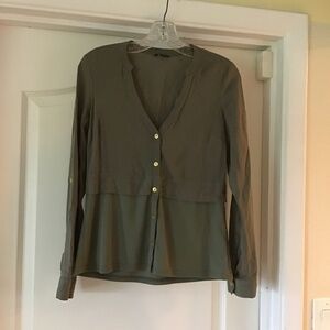 G by guess olive army green button up blouse or over a tank top light weight.